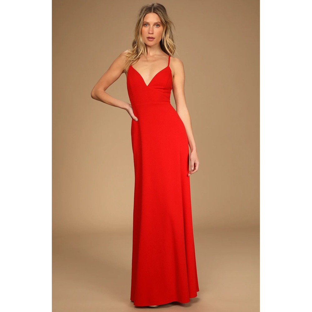 Lulus Be My Date Red Lace-Up Maxi Dress Formal Gown V-Neck Open Back Medium